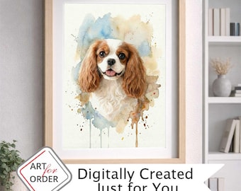 Retrato personalizado de Cavalier King Charles Spaniel en acuarela – Arte de mascota personalizado a partir de foto, archivo digital