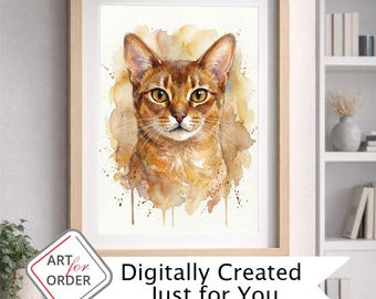 Retrato personalizado de gato, arte digital en acuarela único, descarga digital a partir de la foto de tu gato.