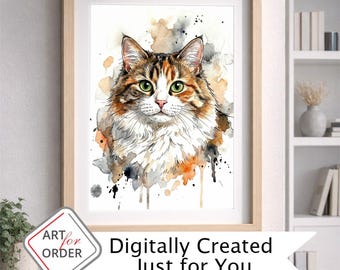 Retrato personalizado de gato, arte digital en acuarela único, descarga digital a partir de la foto de tu gato.