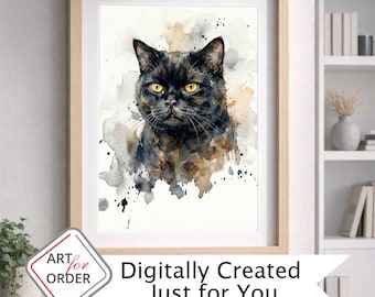 Retrato personalizado de gato, arte digital en acuarela único, descarga digital a partir de la foto de tu gato.