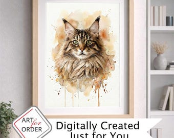 Retrato personalizado de gato, arte digital en acuarela único, descarga digital a partir de la foto de tu gato.