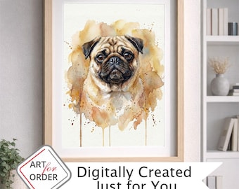 Retrato personalizado de Pug en acuarela – Arte de mascota personalizado a partir de foto, archivo digital, cualquier  tamaño