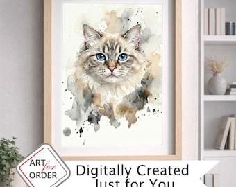 Retrato personalizado de gato, arte digital en acuarela único, descarga digital a partir de la foto de tu gato.