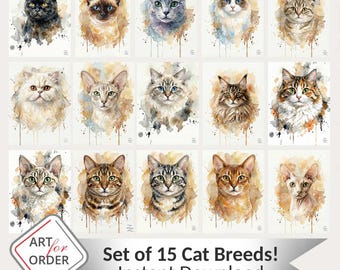 Juego de 15 láminas de acuarela de razas de gatos, decoración para la habitación infantil (descarga digital)