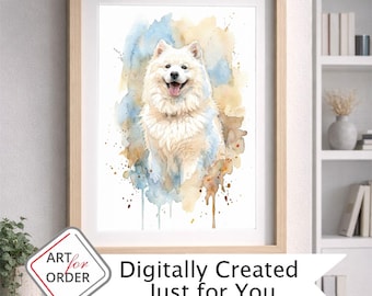 Retrato personalizado de Samoyed en acuarela – Arte de mascota personalizado a partir de foto, archivo digital, cualquier  tamaño
