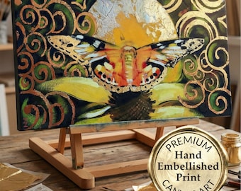 Gran Arte de Pared de Mariposa en Lienzo, Impresión con Hoja de Oro Embellecida a Mano, Pintura de Insecto en Técnica Mixta, Hecho a Medida
