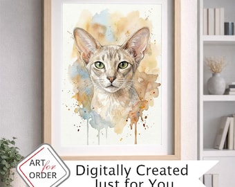 Retrato personalizado de gato, arte digital en acuarela único, descarga digital a partir de la foto de tu gato.