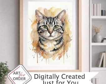 Retrato personalizado de gato, arte digital en acuarela único, descarga digital a partir de la foto de tu gato.