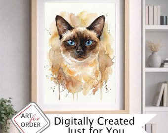 Retrato personalizado de gato, arte digital en acuarela único, descarga digital a partir de la foto de tu gato.