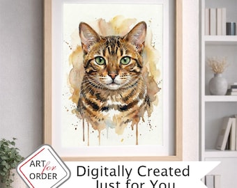 Retrato personalizado de gato, arte digital en acuarela único, descarga digital a partir de la foto de tu gato.