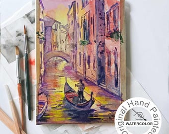 Pintura Original Acuarela Venecia, Arte de Pared Góndola en Canal, Paisaje Urbano Italia, Regalo de Viaje Romántico Europa, Atardecer