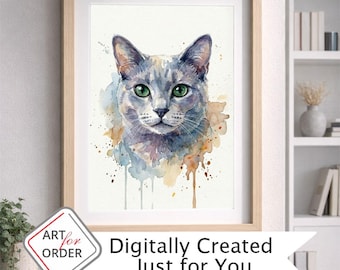 Retrato personalizado de gato, arte digital en acuarela único, descarga digital a partir de la foto de tu gato.