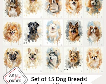Juego de 15 láminas de acuarela con diferentes razas de perros, ideales para decorar la habitación infantil (descarga digital).