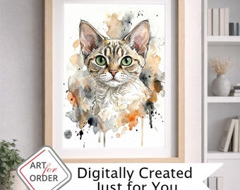 Retrato personalizado de gato, arte digital en acuarela único, descarga digital a partir de la foto de tu gato.