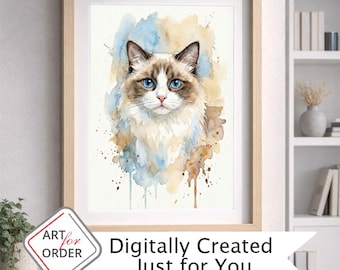 Retrato personalizado de gato, arte digital en acuarela único, descarga digital a partir de la foto de tu gato.