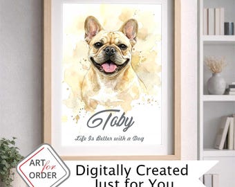 Retrato personalizado de Bulldog – Pintura de perro personalizada por foto, acuarela mascota, arte bulldog digital