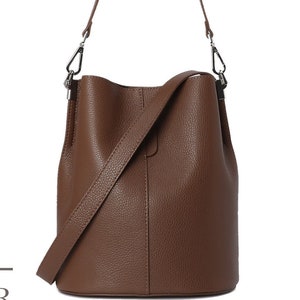 Dark Brown Leather Bucket Bag: Silver Hardware, Detachable Straps