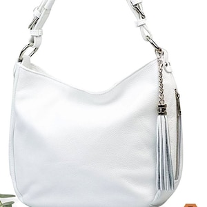 White Leather Hobo Bag: Top Zip Shoulder Bag with Tassel