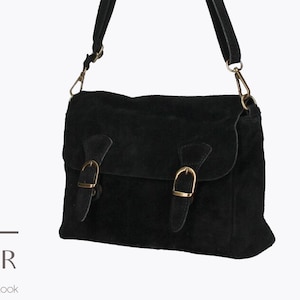 Sac à bandoulière en cuir véritable en daim noir, sac à bandoulière en cuir véritable, sac messager, sac noir avec fermeture éclair sur le dessus