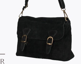 Black suede real leather crossbody bag, Genuine leather Cross body shoulder bag, messenger bag, top zip black bag