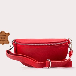 Red belly bag, Leather Shoulder Bag Crossbody Bag Belt Bag Silver Details, Fanny leather bag, Leather Cross body bag, Waist bag