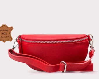 Red Leather Belt Bag: Silver Detail Crossbody Shoulder Fanny Pack