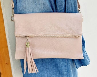 Sac rose poudré, sac à bandoulière en cuir cross body, sac messager en cuir véritable, fermeture éclair de sac de livre de tablette, pochette de mariage