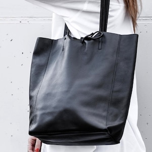 Leather tote bag in black, Leather shopper in black, Soft natural GENUINE leather shoulder bag, Large black tote bag, minimalist laptop bag