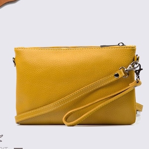 Bolso de piel auténtica color mostaza con cremallera superior, bolso bandolera, bolso de mensajero de piel auténtica, bolso de mano de piel auténtica, bolso de muñeca