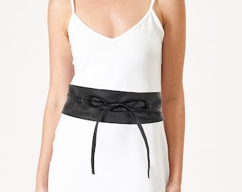 Black Leather Obi Belt: Soft Genuine Leather Kimono Sash