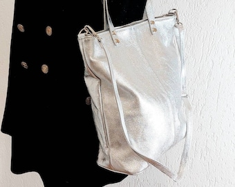 Silver Leather Tote Bag: Top Zip Crossbody Laptop Bag