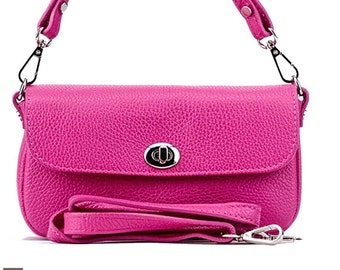 Sac à bandoulière en cuir véritable fuchsia, sac à main en cuir véritable, sac à main zippé rose foncé, sac à bandoulière longue et courte