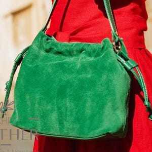 Grüne Farbe Wildleder Echte Wildleder Eimer Tasche mit kurzem und langem Riemen, echte Lederhandtasche, grüne Hobo Tasche
