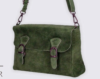 Military green suede real leather crossbody bag, Genuine leather Cross body shoulder bag, messenger bag, top zip green bag