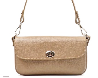 Real Leather Crossbody Bag: Taupe Beige Brown Zip Purse