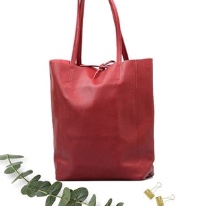 Red Leather Tote Bag: Soft Genuine Leather Shopper