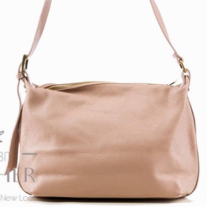 Top Zip pudder rosa Echtleder Umhängetasche, Echtleder Messenger Bag Tablet Buchtasche Reißverschluss, Maxi Tasche, zwei Innenfächer