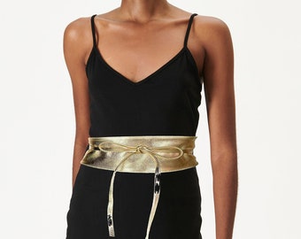 Gold Leather Obi Belt: Metallic Kimono Sash, Boho Wrap Belt