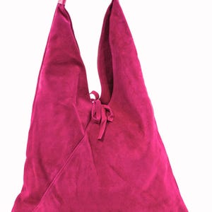 Fuchsia suede genuine leather hobo shoulder bag, natural leather dark pink purse, hot pink bag