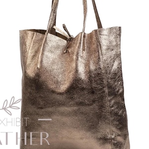Nappa-Leder-Einkaufstasche in metallischer Bronze, Leder-Shopper in Bronze, weiche natürliche ECHT-Leder-Umhängetasche, große goldene Laptoptasche