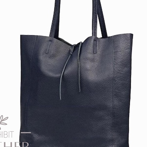 Echtleder Tote Bag in dunkelblau, Shopper, Maxi Umhängetasche, dunkelblaue Schultertasche