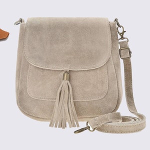 Taupe suede real leather small crossbody bag, Genuine leather Cross body shoulder bag, messenger bag, top zip taupe bag