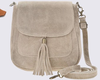 Taupe suède echt lederen kleine crossbody tas, lederen Cross body schoudertas, messengertas, taupe tas met ritssluiting aan de bovenkant