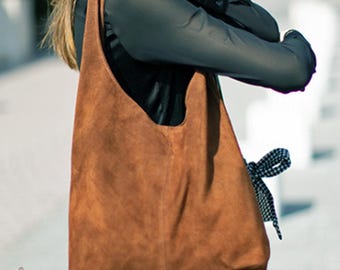 Brown Suede Leather Hobo Bag: Slouchy Shoulder Bag, Large Shopper