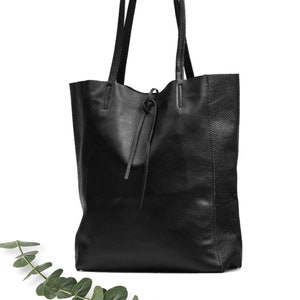 Leather tote bag in black, Leather shopper in black, Soft natural GENUINE leather shoulder bag, Large black tote bag, minimalist laptop bag image 2