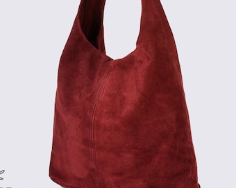 Bordeaux Wildleder Hobo Umhängetasche, Wildleder Hobo Bag, Shopper Bag, weinrote Farbe Big Laptop Bag, Slouch bag