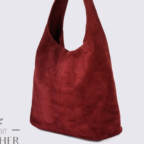 Burgundy suede genuine leather hobo shoulder bag, Suede Leather Hobo Bag, Shopper Bag, wine red color Big Laptop Bag, Slouch bag