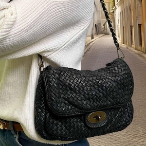 BLACK Real leather shoulder bag in woven leather, saddle bag cowhide shoulder bag satchel braided leather cross body bag