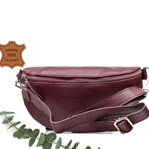 Bauchtasche, Umhängetasche, Crossbody Tasche, Gürteltasche Silber Details, Fanny Ledertasche Rotwein, Rotwein Umhängetasche