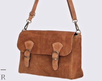 Cognac brown suede real leather crossbody bag, Genuine leather Cross body shoulder bag, messenger bag, top zip brown bag